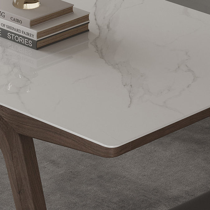 Modern Rectangle Dining Table Sintered Stone Table with Wooden Legs