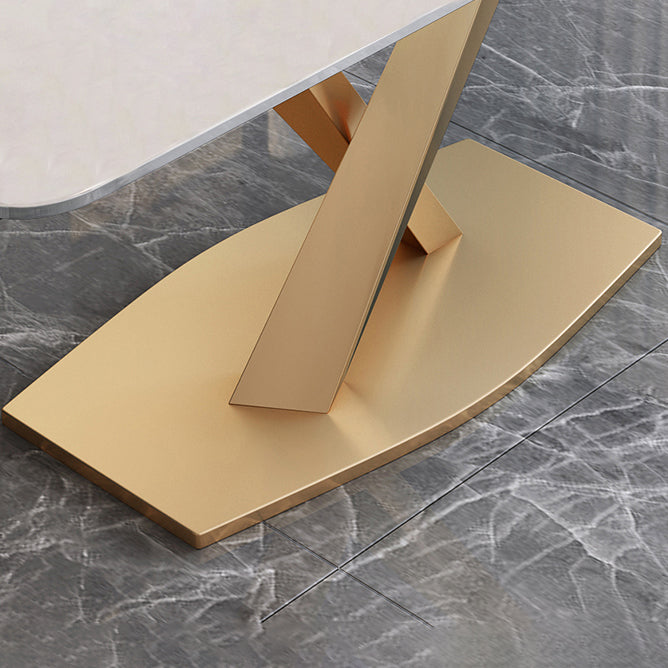 Glam Stone Rectangle Dining Table Golden Pedestal Table for Dining Room