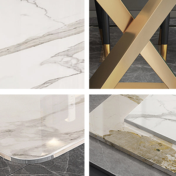 Glam Stone Rectangle Dining Table Golden Pedestal Table for Dining Room