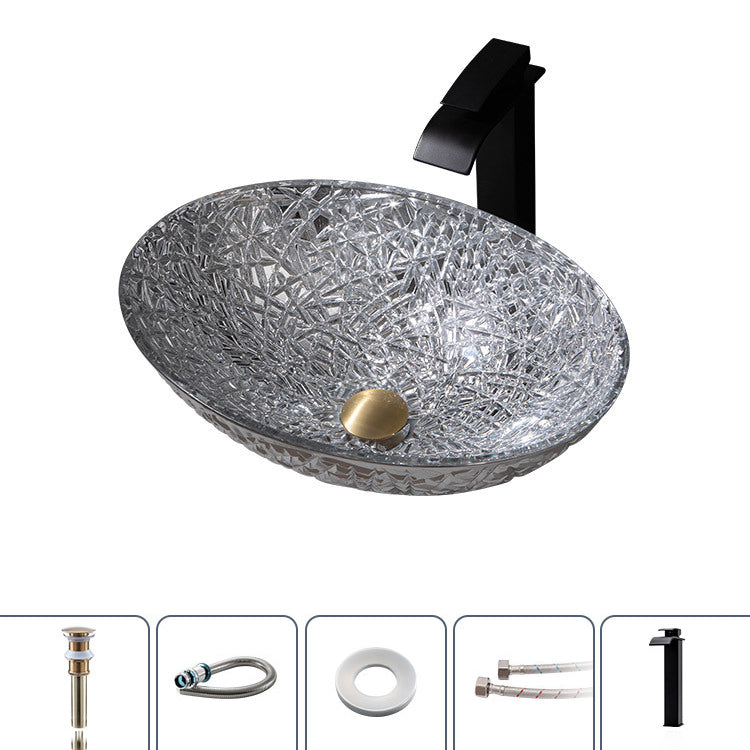 Creative Oval Bathroom Sink Glass Vessel Lavatory Sink with Pop-Up Drain