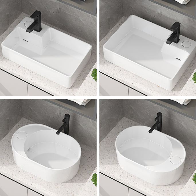Modern Vessel Bathroom Sink Rectangular Porcelain with Overflow and Faucet Basin Sink