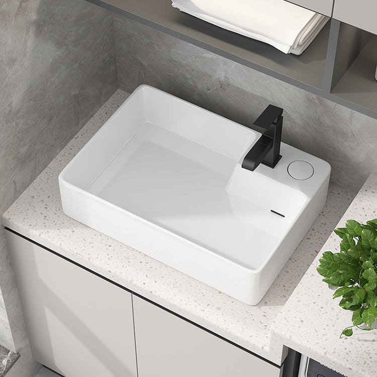 Modern Vessel Bathroom Sink Rectangular Porcelain with Overflow and Faucet Basin Sink