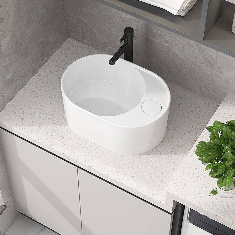 Modern Vessel Bathroom Sink Rectangular Porcelain with Overflow and Faucet Basin Sink