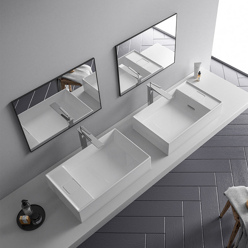 Modern Vessel Bathroom Sink Rectangular Porcelain with Overflow and Faucet Basin Sink