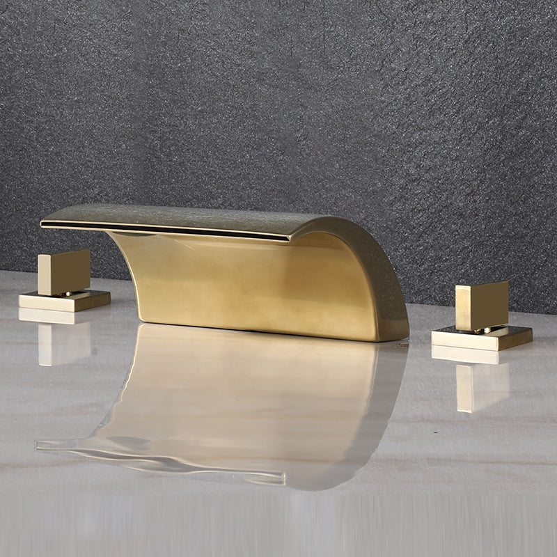 Modern Deck Mounted Metal Tub Filler Low Arc Faucet in Black/Gold