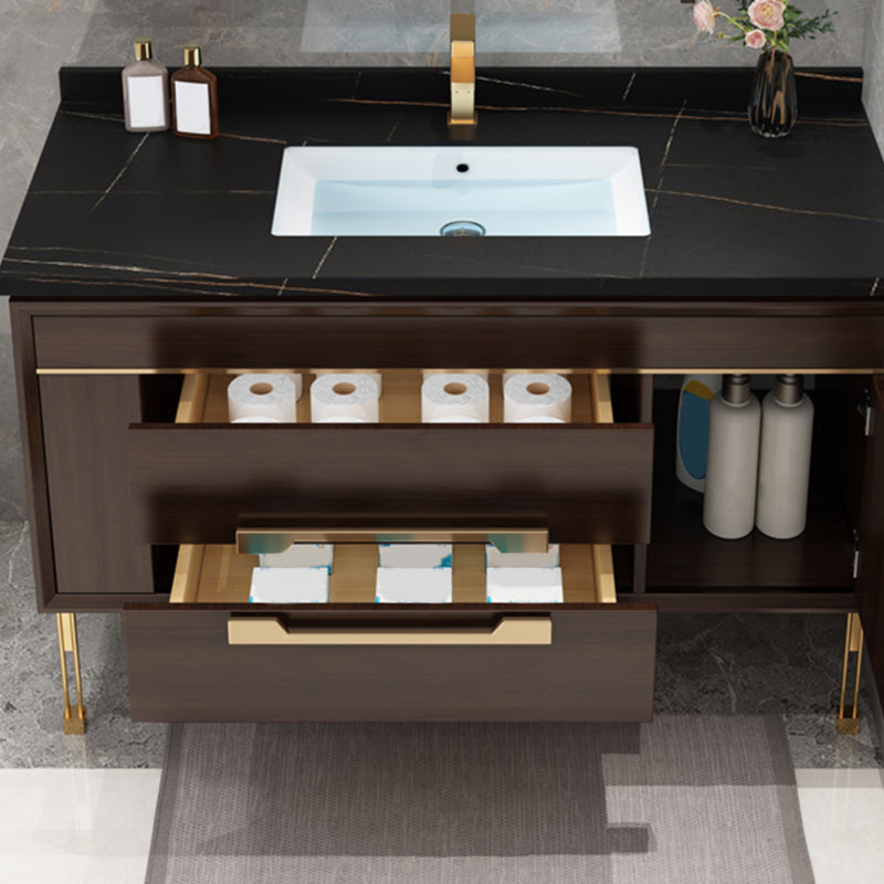 Freestanding Vanity Mirror Rectangle Single Sink Wood Frame Vanity Set with Drawers