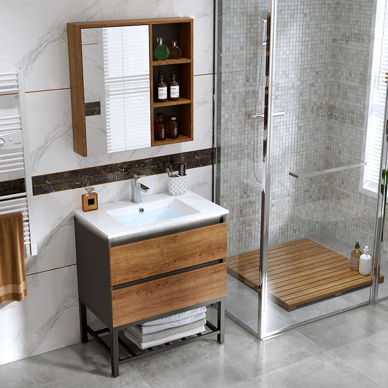 2 Drawers Vanity Wood Frame Freestanding Shelving Included Mirror Single Sink Vanity
