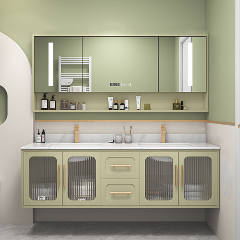 Double Sink Bath Vanity 2 Drawers Wall Mount Rectangle Vanity Set with Mirror
