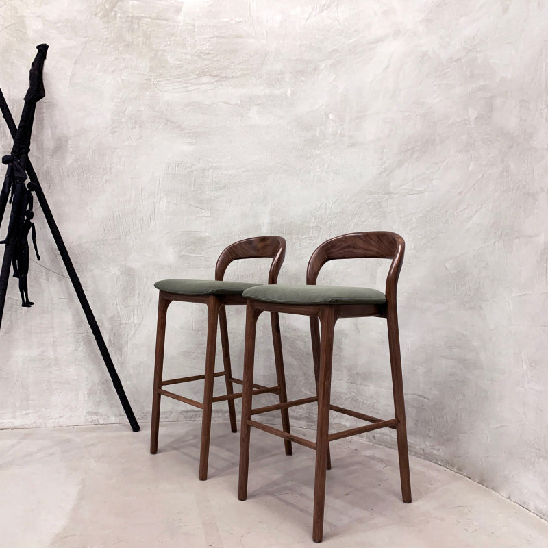 Brown Ash Wood Counter Stools Industrial Green Velvet Stools