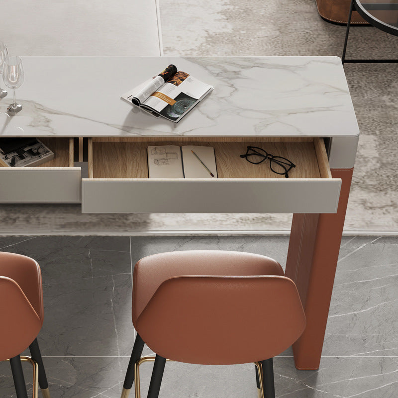 Modern Stone Top Bar Dining Table Rectangle Pub Table with Double Pedestal