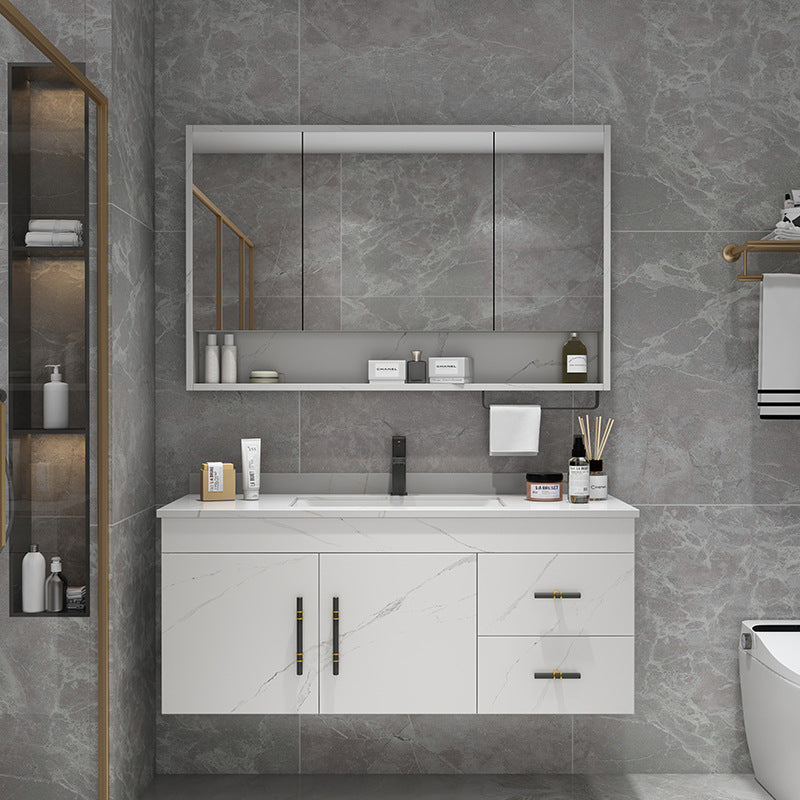 Stone Top Vanity Set Single Sink Mirror Drawers Wall-Mounted Rectangle Vanity with 2 Doors