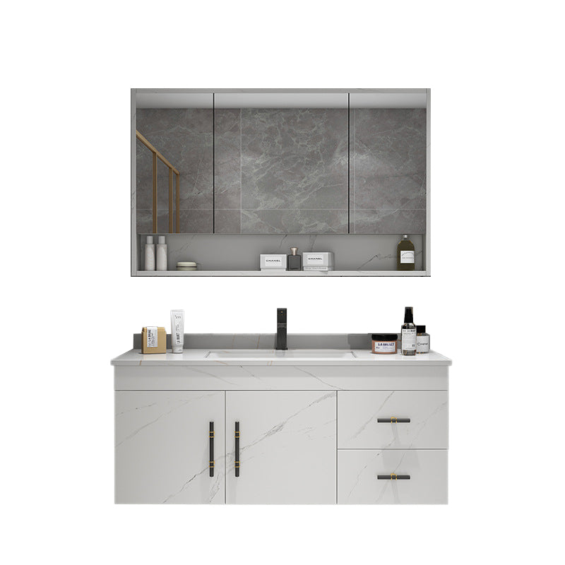 Stone Top Vanity Set Single Sink Mirror Drawers Wall-Mounted Rectangle Vanity with 2 Doors