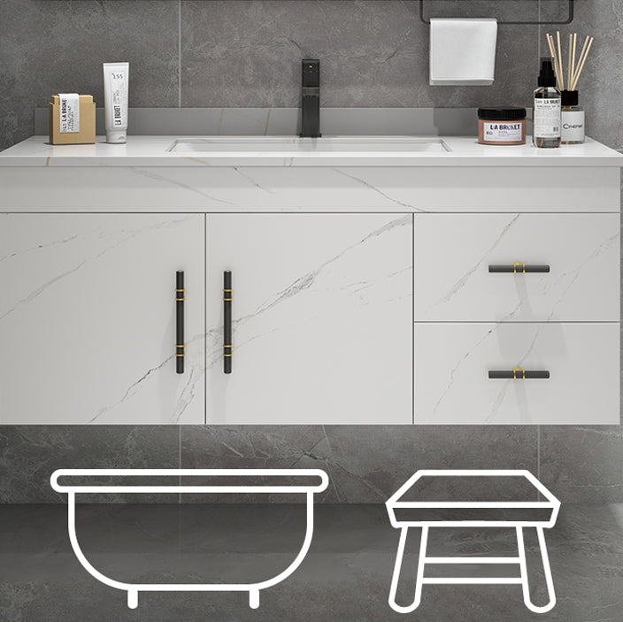 Stone Top Vanity Set Single Sink Mirror Drawers Wall-Mounted Rectangle Vanity with 2 Doors
