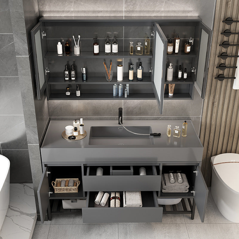 Single Sink Grey Vanity Shelving Included Mirror Rectangle Vanity with 2 Drawers