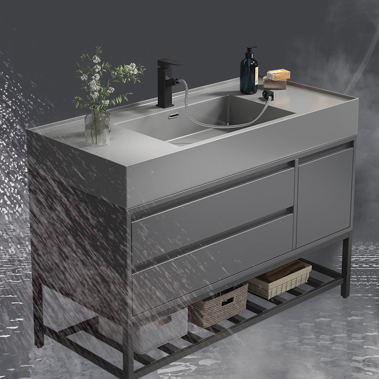 Single Sink Grey Vanity Shelving Included Mirror Rectangle Vanity with 2 Drawers