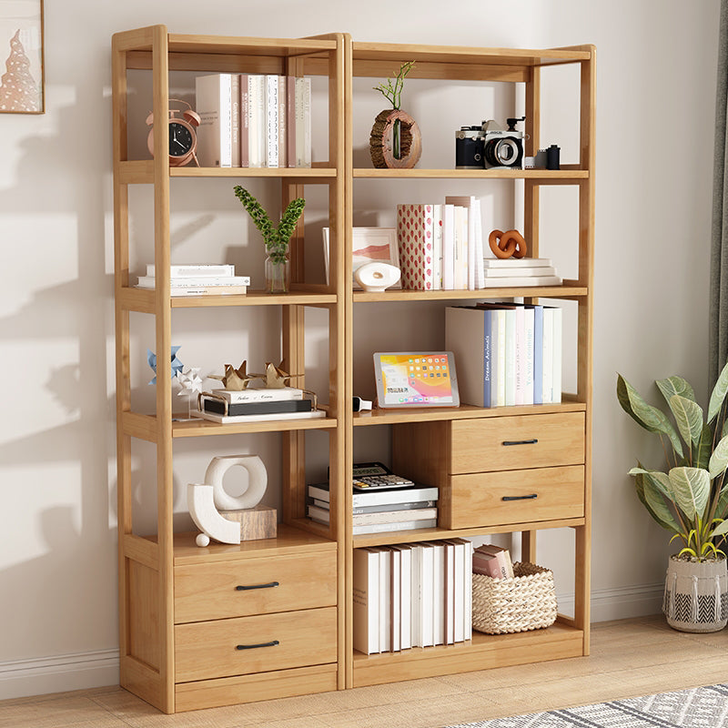 Modern Style Open Back Bookshelf Standard Wooden Bookcase with Drawers