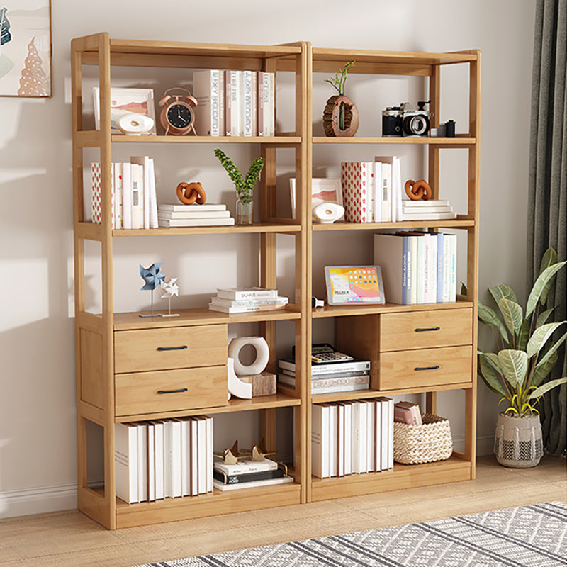 Modern Style Open Back Bookshelf Standard Wooden Bookcase with Drawers
