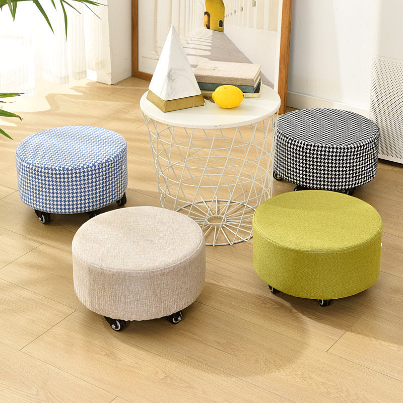 Cotton Blend Ottoman Houndstooth Pattern Fade Resistant Round Ottoman with Wheels