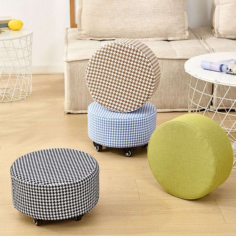Cotton Blend Ottoman Houndstooth Pattern Fade Resistant Round Ottoman with Wheels