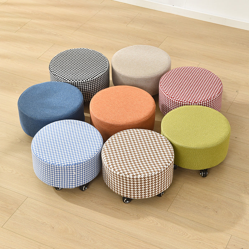 Cotton Blend Ottoman Houndstooth Pattern Fade Resistant Round Ottoman with Wheels