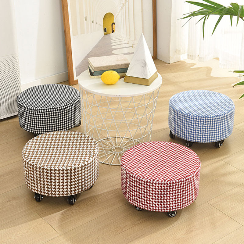 Cotton Blend Ottoman Houndstooth Pattern Fade Resistant Round Ottoman with Wheels