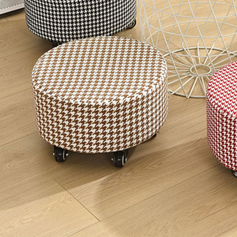 Cotton Blend Ottoman Houndstooth Pattern Fade Resistant Round Ottoman with Wheels