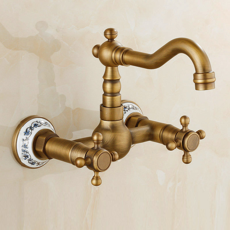 Vintage Tub Faucet Two Cross Handle Faucet Pure Copper Wall Mounted Faucet