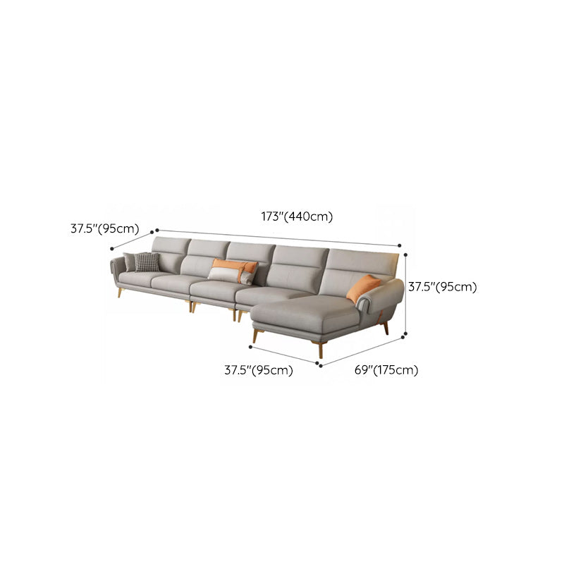 Mid Century Sofa and Chaise in Gray Flared Arm Sewn Pillow Back Sofa