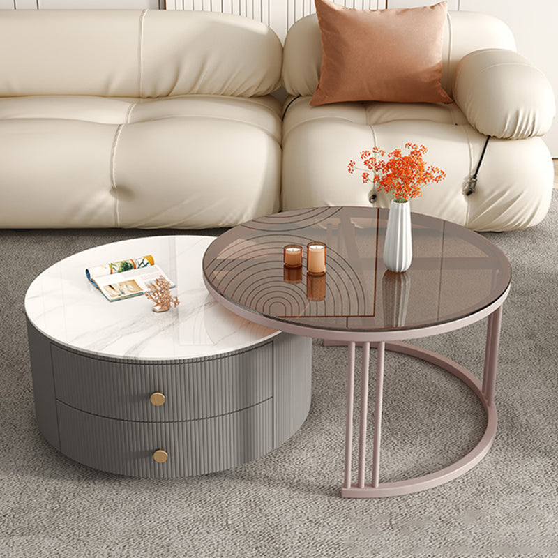Frame 2 Nesting Coffee Table with 2 Drawers Modern Slate/Glass Round Coffee Table Set