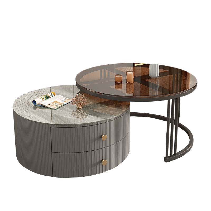 Frame 2 Nesting Coffee Table with 2 Drawers Modern Slate/Glass Round Coffee Table Set