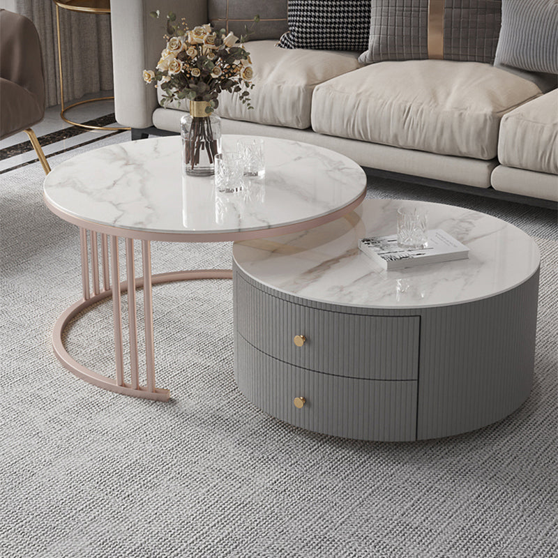 Modern Cocktail Table Round Glass / Slate Coffee Table with Storage