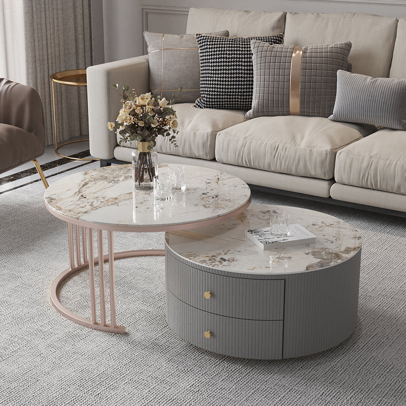 Modern Cocktail Table Round Glass / Slate Coffee Table with Storage