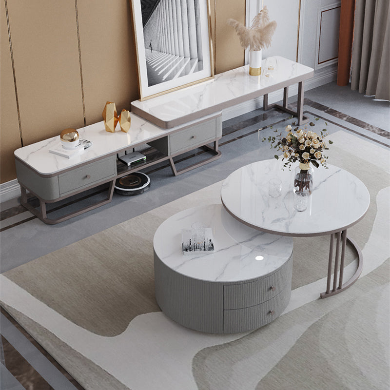 Modern Cocktail Table Round Glass / Slate Coffee Table with Storage