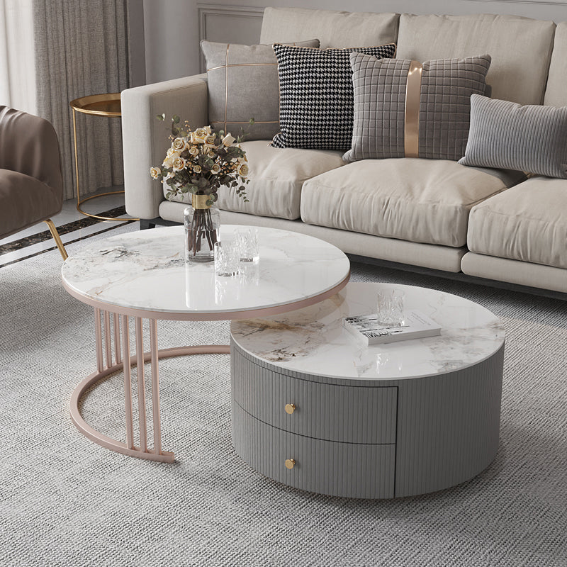 Modern Cocktail Table Round Glass / Slate Coffee Table with Storage
