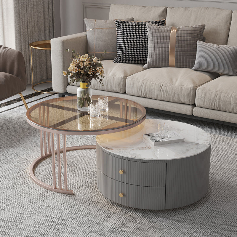 Modern Cocktail Table Round Glass / Slate Coffee Table with Storage