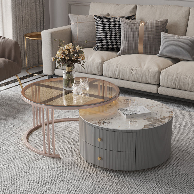 Modern Cocktail Table Round Glass / Slate Coffee Table with Storage