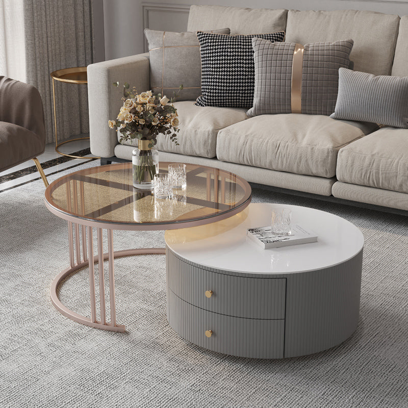 Modern Cocktail Table Round Glass / Slate Coffee Table with Storage