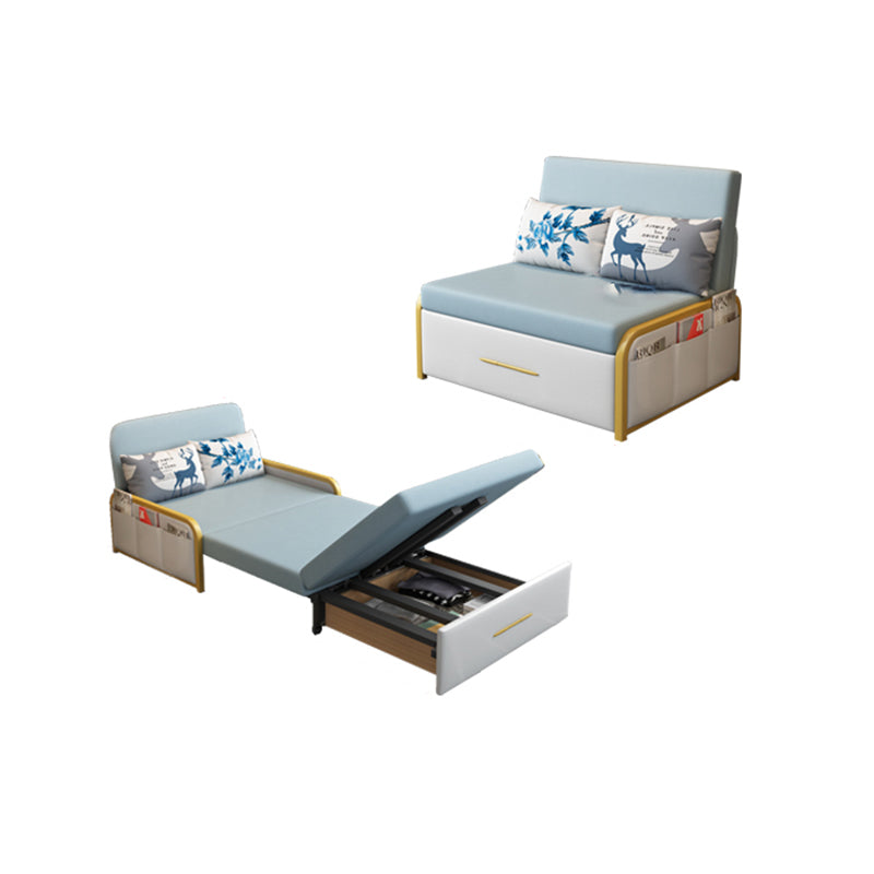 Glam Round Arms Futon Frame Bonded Leather Blue Sleeper Sofa