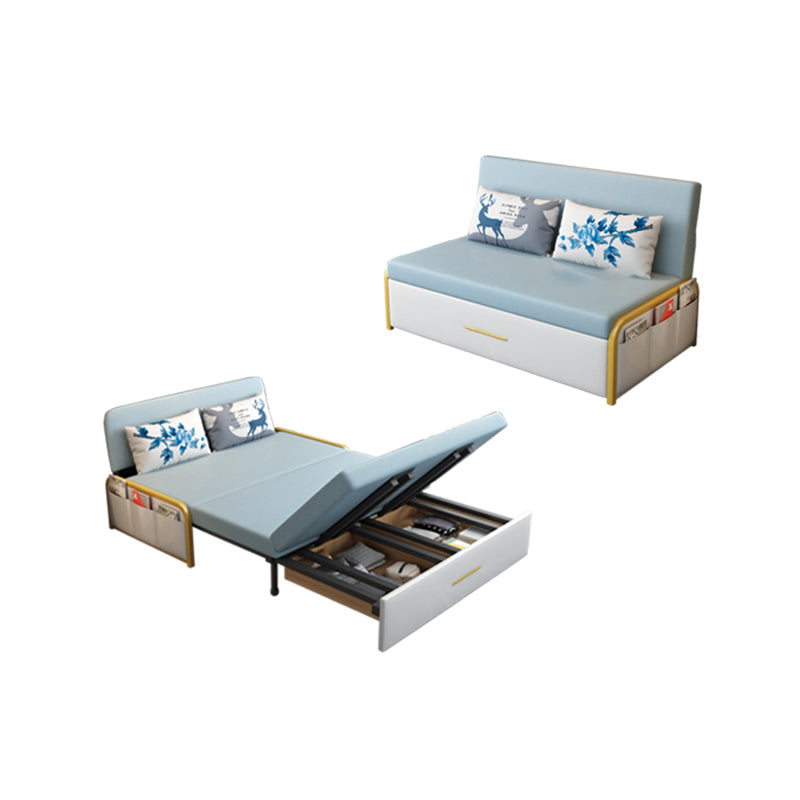 Glam Round Arms Futon Frame Bonded Leather Blue Sleeper Sofa