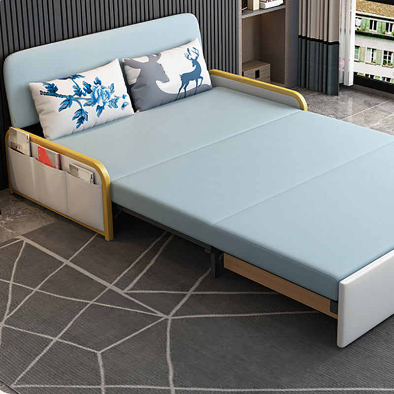 Glam Round Arms Futon Frame Bonded Leather Blue Sleeper Sofa