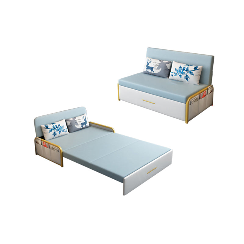 Glam Round Arms Futon Frame Bonded Leather Blue Sleeper Sofa