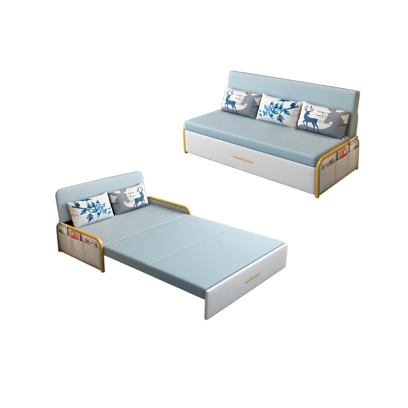 Glam Round Arms Futon Frame Bonded Leather Blue Sleeper Sofa