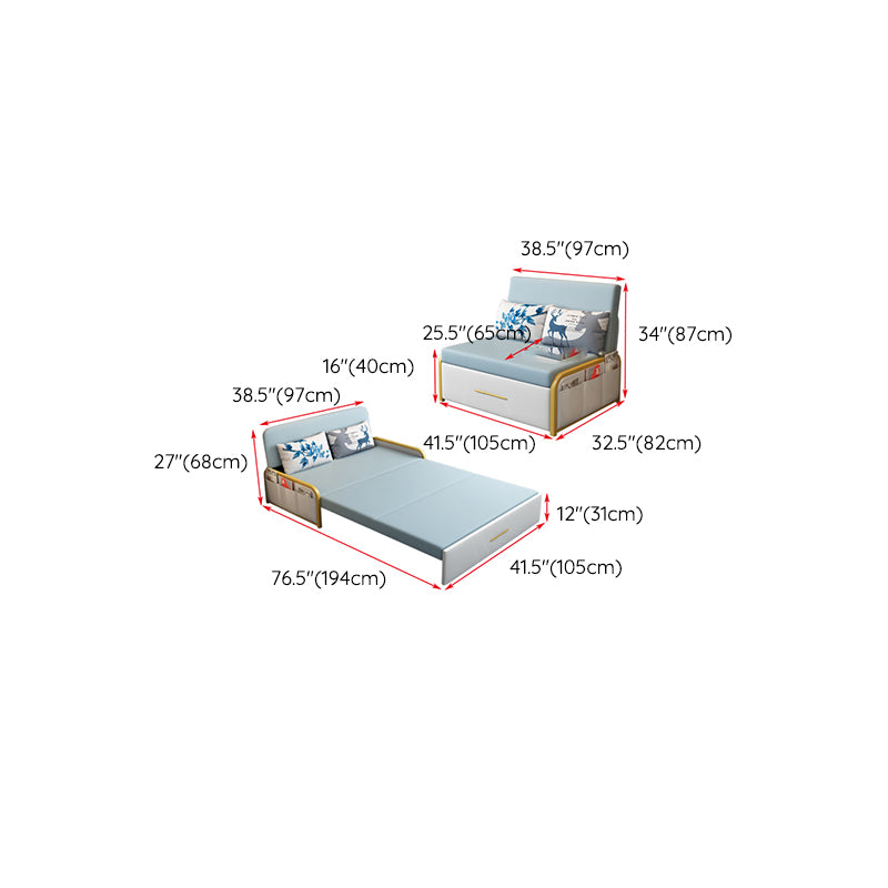 Glam Round Arms Futon Frame Bonded Leather Blue Sleeper Sofa