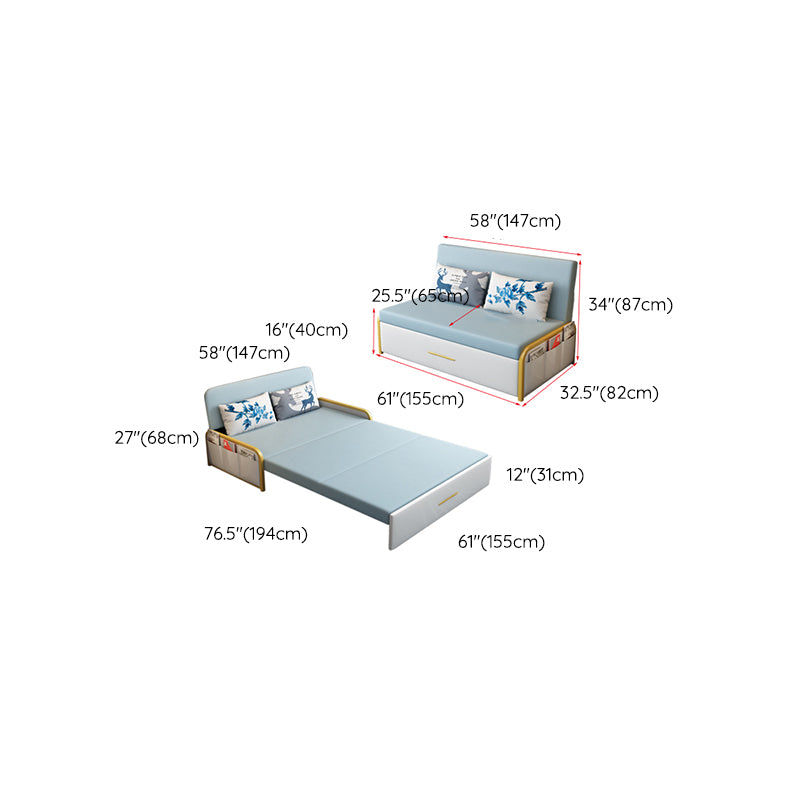 Glam Round Arms Futon Frame Bonded Leather Blue Sleeper Sofa