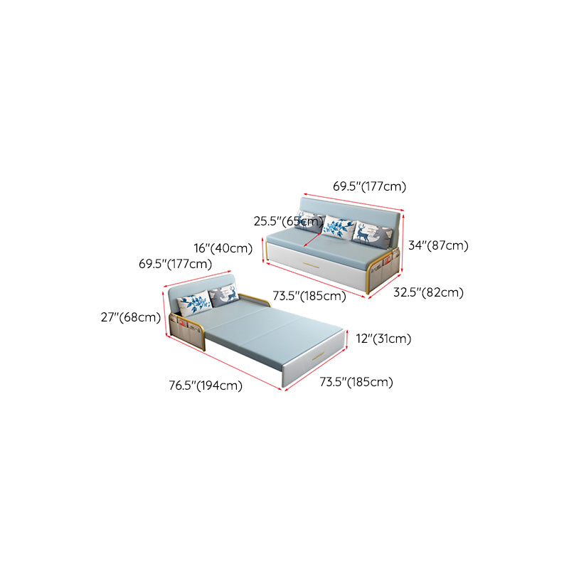 Glam Round Arms Futon Frame Bonded Leather Blue Sleeper Sofa