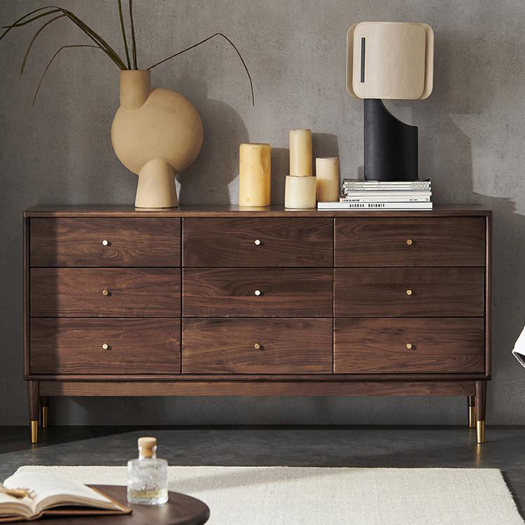 Rectangular Rubberwood Chest Mid-Century Modern Accent Chest with 9 Drawers