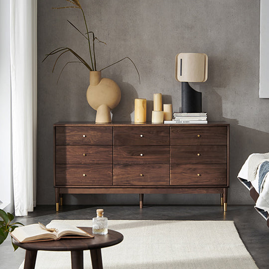 Rectangular Rubberwood Chest Mid-Century Modern Accent Chest with 9 Drawers