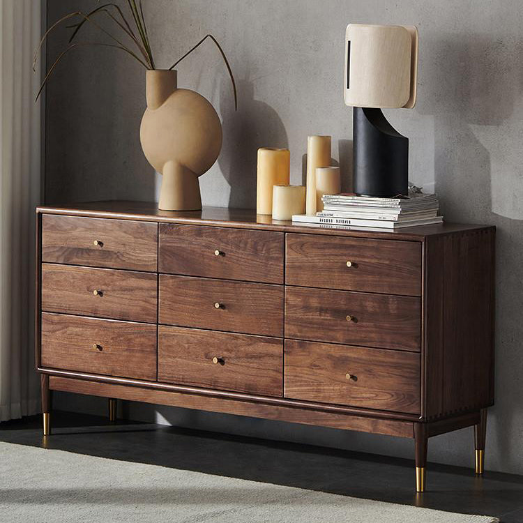 Rectangular Rubberwood Chest Mid-Century Modern Accent Chest with 9 Drawers