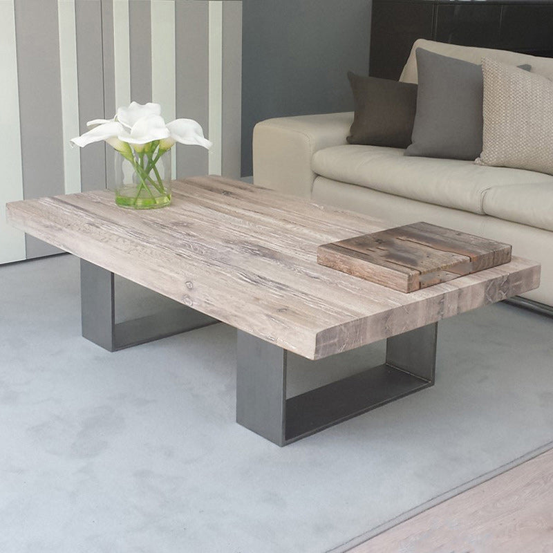 Scandinavian Solid Wood Coffee Table with Distressed Top and Sled Base