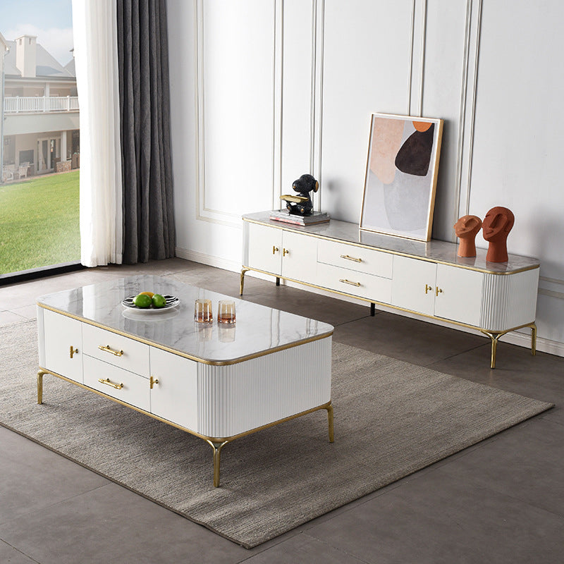 Glam 4 Legs Single Coffee Table Slate Rectangle Cocktail Table with 2 Drawers